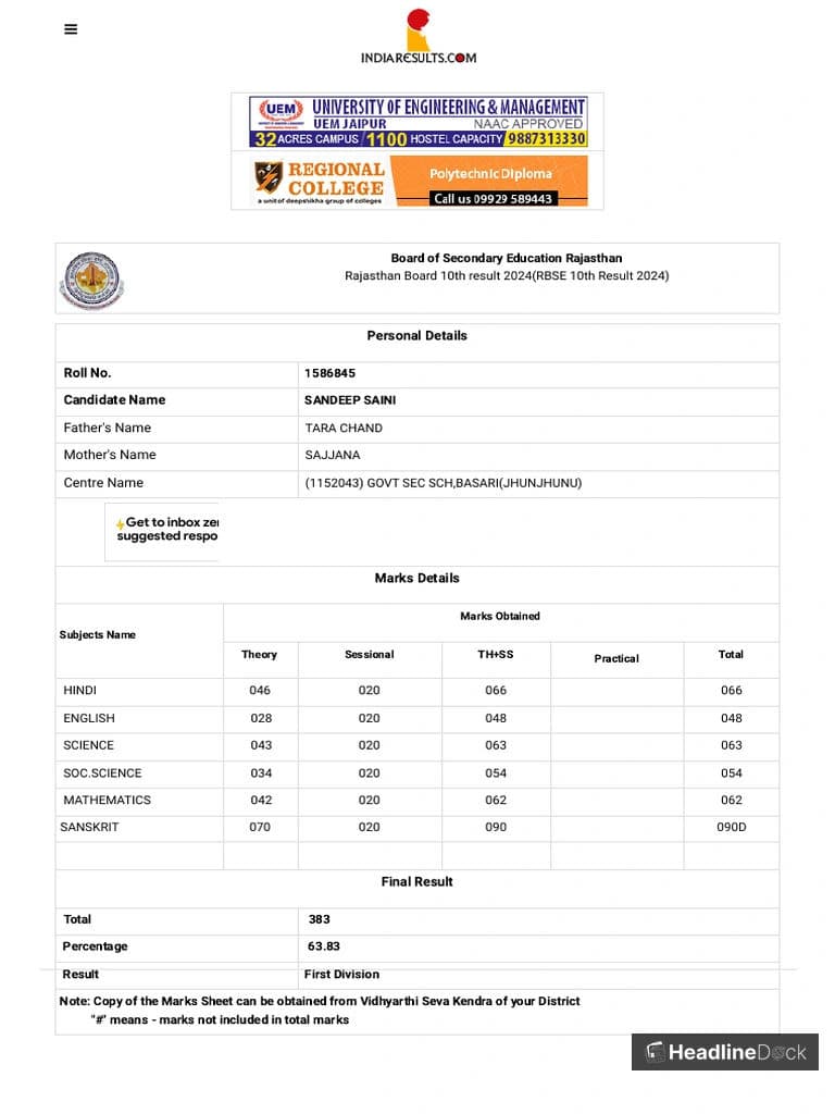 Rajasthan Board 10th Result 2026: How to Check Score Using Roll Number