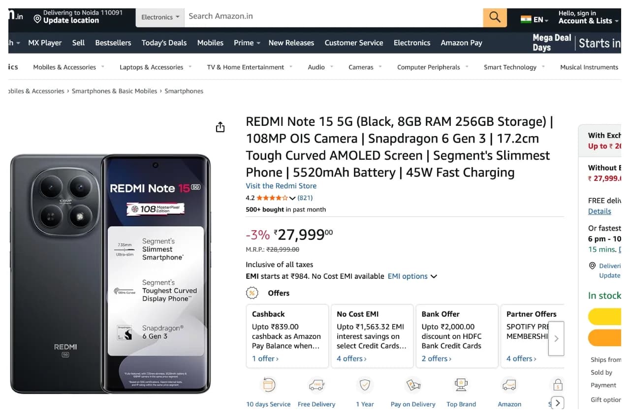 Redmi Note 15 5G Drops to Rs. 27,999 on Amazon – New Camera Phone at Exceptional Value